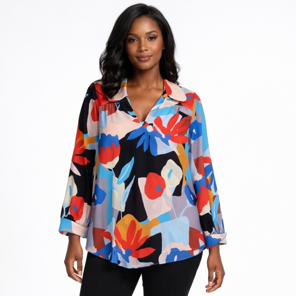 Crosby By Mollie Burch sz Small Colorful Blouse Pop Art Abstract Print Vibrant